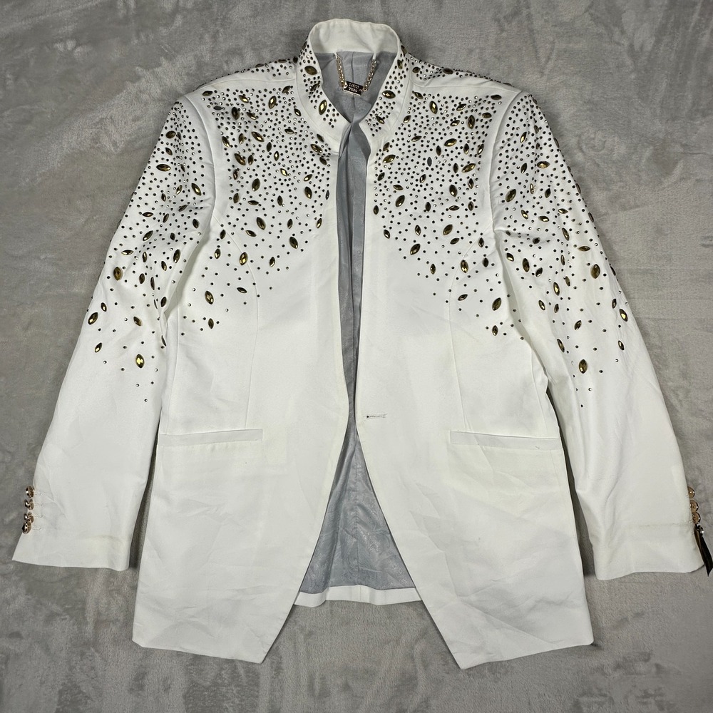 Louis Vino Blazer Jacket Mens 44R White Embellished Stretch Slim Fit Formal